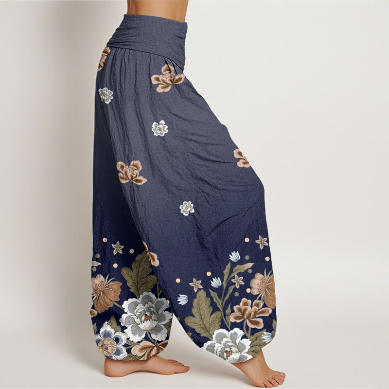 Pantalones bombachos de mujer con cintura elástica, estampado floral informal de algodón con Buddha Stones - image 1