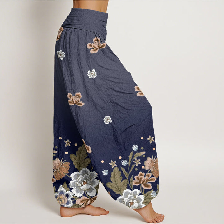 Pantalones bombachos de mujer con cintura elástica, estampado floral informal de algodón con Buddha Stones - image 1