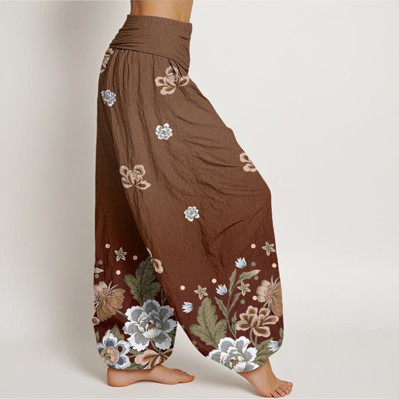 Pantalones bombachos de mujer con cintura elástica, estampado floral informal de algodón con Buddha Stones - image 5