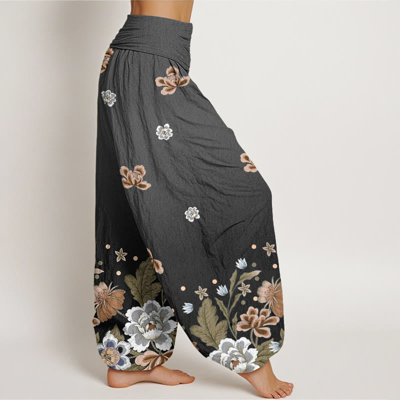 Pantalones bombachos de mujer con cintura elástica, estampado floral informal de algodón con Buddha Stones - image 8