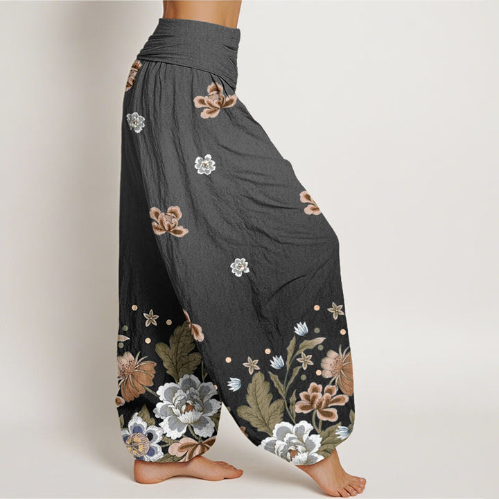 Pantalones bombachos de mujer con cintura elástica, estampado floral informal de algodón con Buddha Stones - image 8