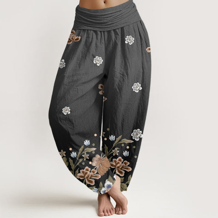 Pantalones harén de cintura elástica para mujer con estampado de flores y piedras de Buddha Stones - Negro - US22，UK/AU26，EU54 (6XL) - image 8