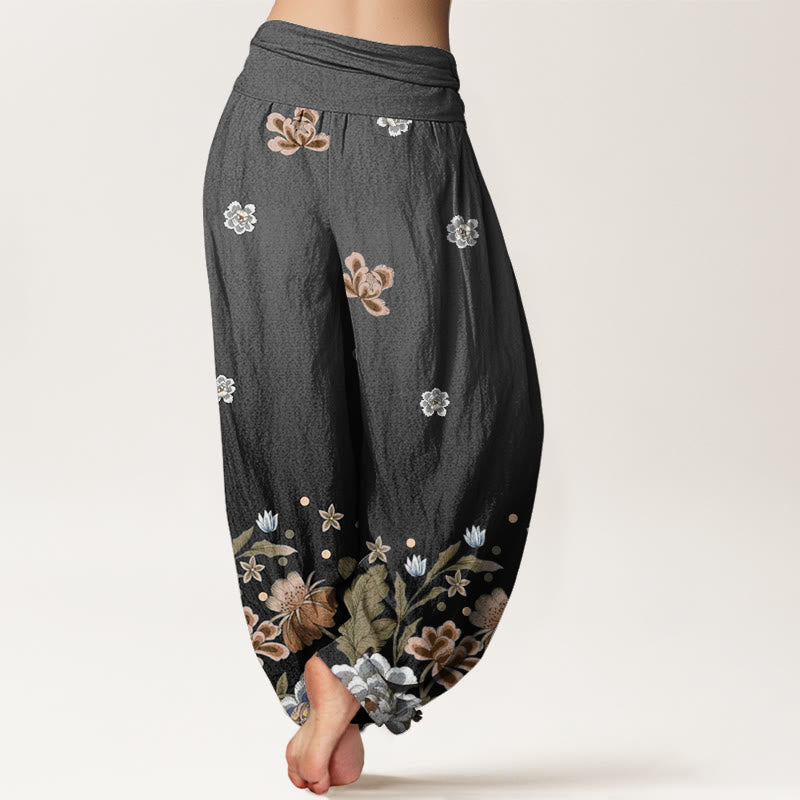 Pantalones bombachos de mujer con cintura elástica, estampado floral informal de algodón con Buddha Stones - image 9
