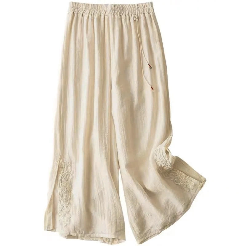 Pantalones anchos de lino y algodón con cordón para mujer, diseño retro informal con bordado de Buddha Stones y bolsillos