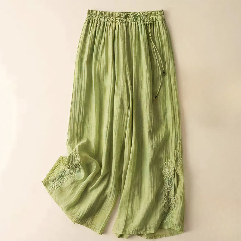 Pantalones anchos de lino y algodón con cordón para mujer, diseño retro informal con bordado de Buddha Stones y bolsillos
