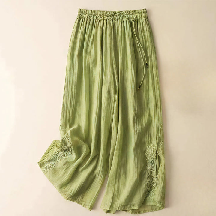 Pantalones anchos de lino y algodón con cordón para mujer, diseño retro informal con bordado de Buddha Stones y bolsillos