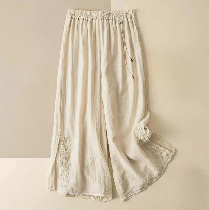Pantalones anchos de lino y algodón con cordón para mujer, diseño retro informal con bordado de Buddha Stones y bolsillos