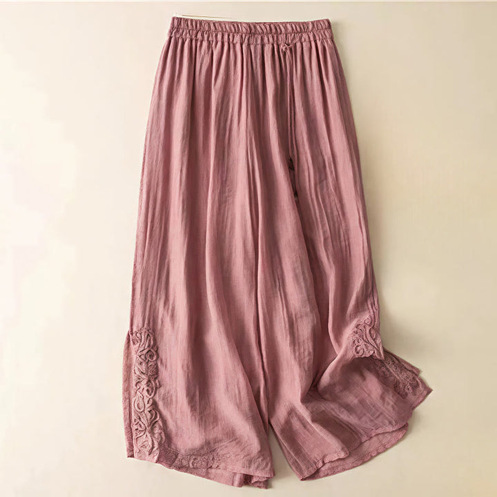 Pantalones anchos de lino y algodón con cordón para mujer, diseño retro informal con bordado de Buddha Stones y bolsillos