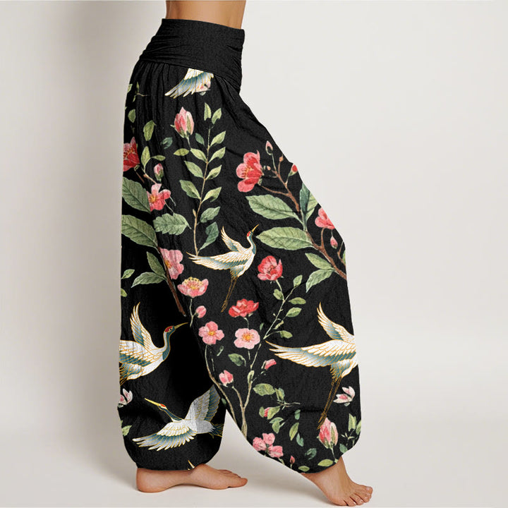 Pantalones bombachos de mujer con cintura elástica, estampado de flores rojas y grullas, de algodón, estilo casual, con Buddha Stones. - image 1