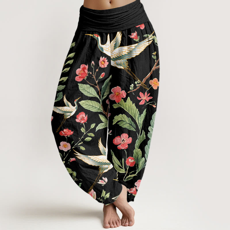 Pantalones bombachos de mujer con cintura elástica, estampado de flores rojas y grullas, de algodón, estilo casual, con Buddha Stones. - Negro - US22，UK/AU26，EU54 (6XL) - image 0