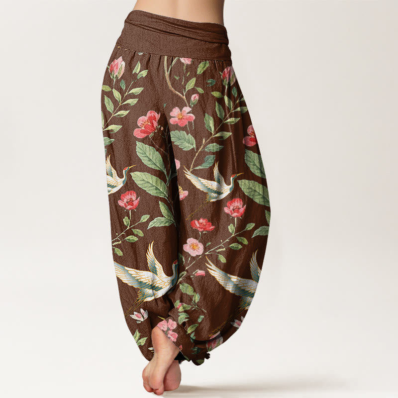 Pantalones bombachos de mujer con cintura elástica, estampado de flores rojas y grullas, de algodón, estilo casual, con Buddha Stones. - image 6