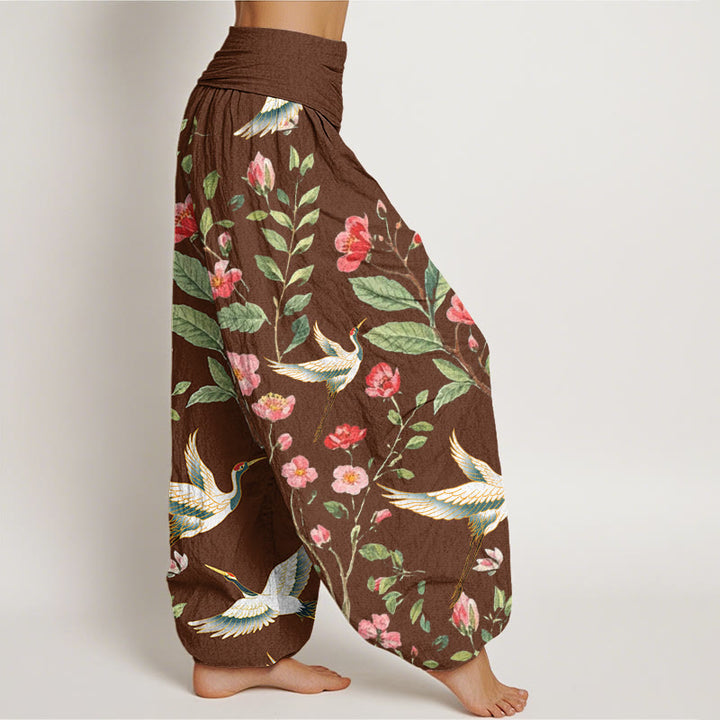 Pantalones bombachos de mujer con cintura elástica, estampado de flores rojas y grullas, de algodón, estilo casual, con Buddha Stones. - image 5