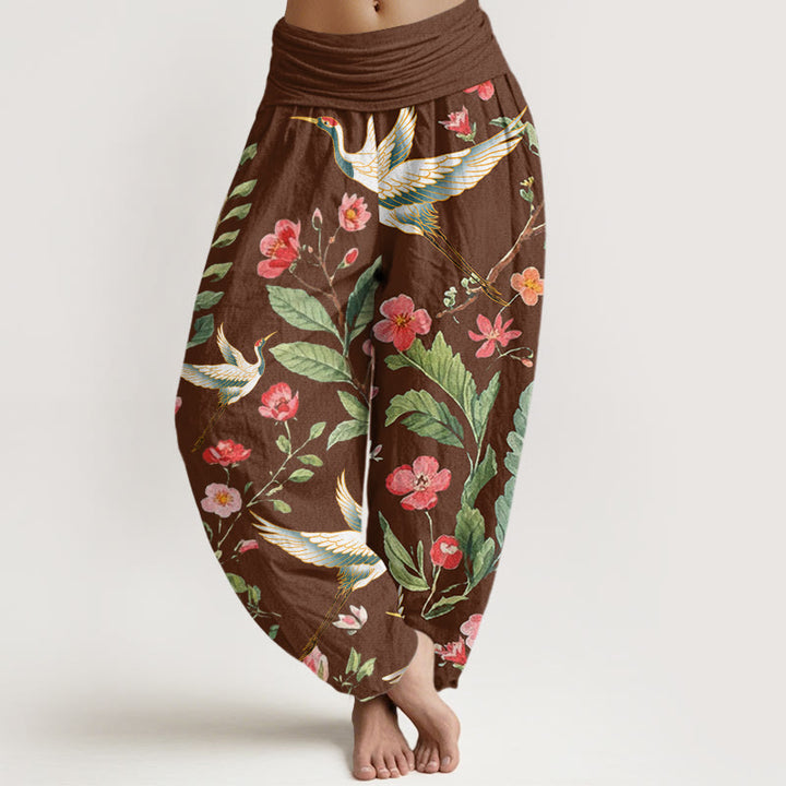 Pantalones bombachos de mujer con cintura elástica, estampado de flores rojas y grullas, de algodón, estilo casual, con Buddha Stones. - Marrón silla de montar - US22，UK/AU26，EU54 (6XL) - image 4