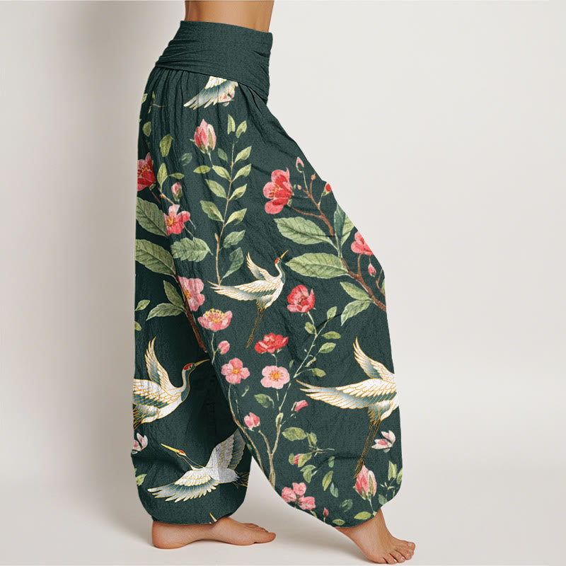 Pantalones bombachos de mujer con cintura elástica, estampado de flores rojas y grullas, de algodón, estilo casual, con Buddha Stones. - image 8