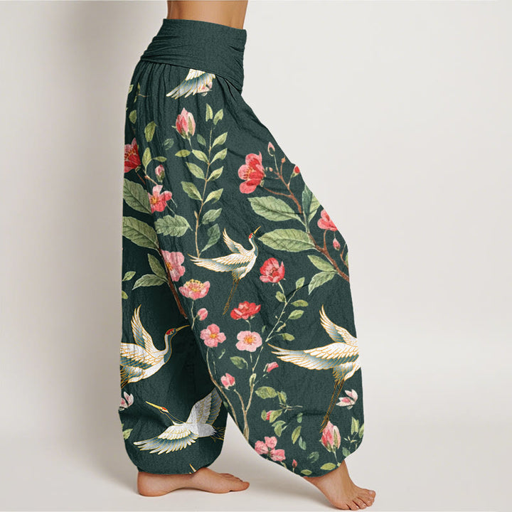 Pantalones bombachos de mujer con cintura elástica, estampado de flores rojas y grullas, de algodón, estilo casual, con Buddha Stones. - image 8