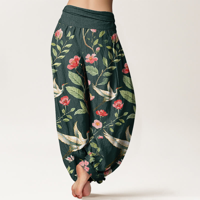 Pantalones bombachos de mujer con cintura elástica, estampado de flores rojas y grullas, de algodón, estilo casual, con Buddha Stones. - image 9