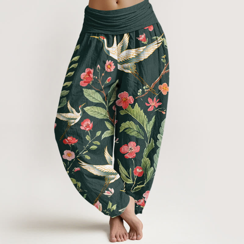 Pantalones bombachos de mujer con cintura elástica, estampado de flores rojas y grullas, de algodón, estilo casual, con Buddha Stones. - Verde oscuro - US22，UK/AU26，EU54 (6XL) - image 7