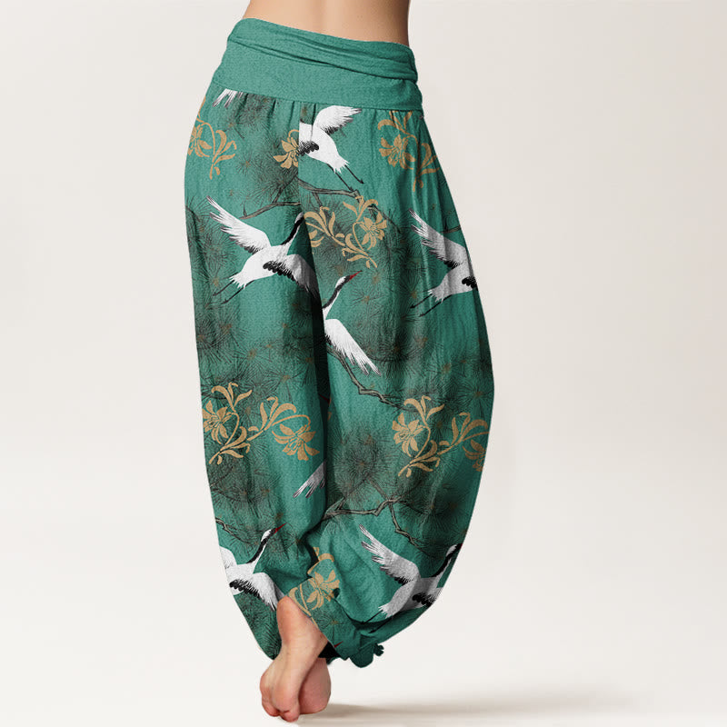 Pantalones bombachos de cintura elástica para mujer, de algodón, estilo informal, con estampado de pinos y grullas de corona roja, de Buddha Stones Cotton. - image 2