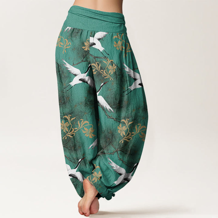 Pantalones bombachos de cintura elástica para mujer, de algodón, estilo informal, con estampado de pinos y grullas de corona roja, de Buddha Stones Cotton. - image 2