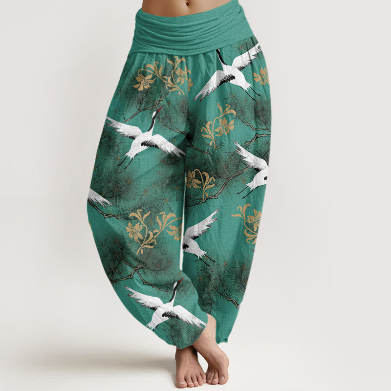 Pantalones bombachos de cintura elástica para mujer, de algodón, estilo informal, con estampado de pinos y grullas de corona roja, de Buddha Stones Cotton. - Verde mar medio - US22，UK/AU26，EU54 (6XL) - image 0