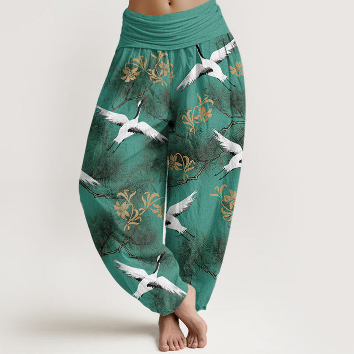 Pantalones bombachos de cintura elástica para mujer, de algodón, estilo informal, con estampado de pinos y grullas de corona roja, de Buddha Stones Cotton. - Verde mar medio - US22，UK/AU26，EU54 (6XL) - image 0
