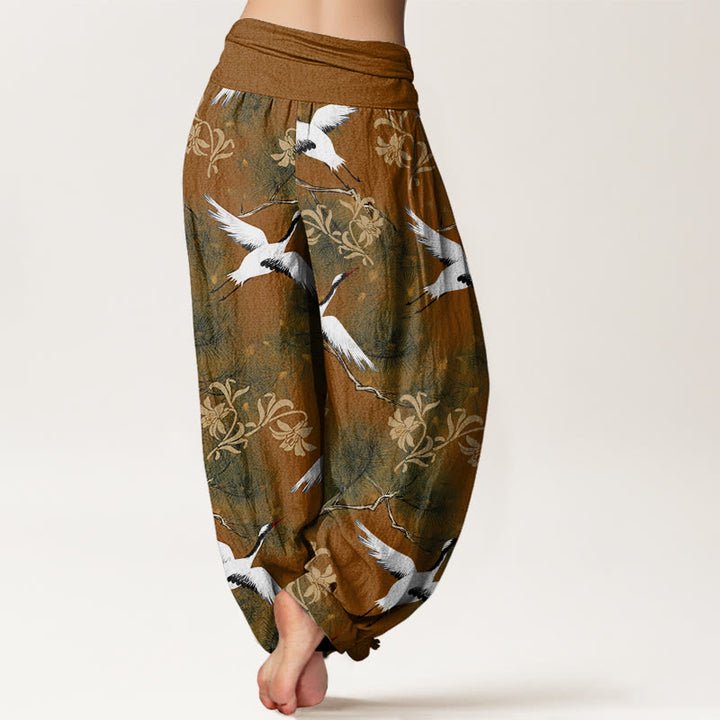 Pantalones bombachos de cintura elástica para mujer, de algodón, estilo informal, con estampado de pinos y grullas de corona roja, de Buddha Stones Cotton. - image 6