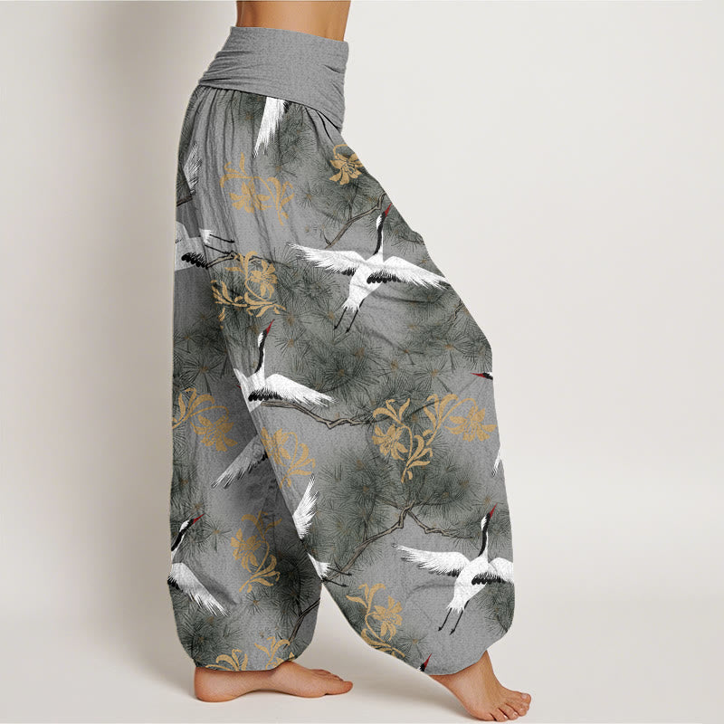 Pantalones bombachos de cintura elástica para mujer, de algodón, estilo informal, con estampado de pinos y grullas de corona roja, de Buddha Stones Cotton. - image 8