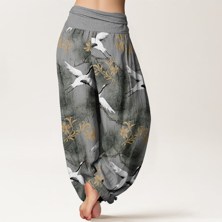 Pantalones bombachos de cintura elástica para mujer, de algodón, estilo informal, con estampado de pinos y grullas de corona roja, de Buddha Stones Cotton. - image 9