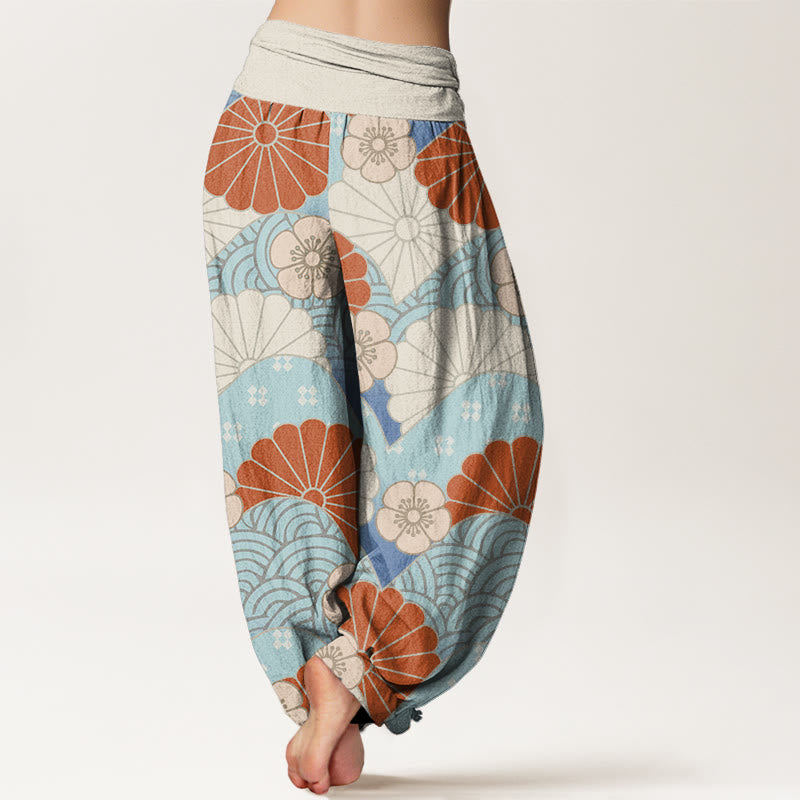 Pantalones bombachos de cintura elástica para mujer, de algodón, estilo casual, con estampado abstracto de pétalos y olas de Buddha Stones. - image 2