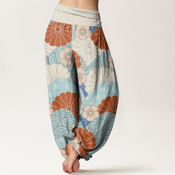 Pantalones bombachos de cintura elástica para mujer, de algodón, estilo casual, con estampado abstracto de pétalos y olas de Buddha Stones. - image 2