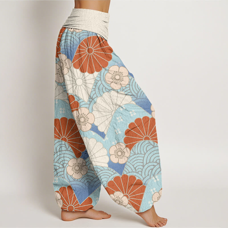Pantalones bombachos de cintura elástica para mujer, de algodón, estilo casual, con estampado abstracto de pétalos y olas de Buddha Stones. - image 1