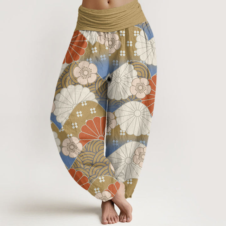 Pantalones bombachos de cintura elástica para mujer, de algodón, estilo casual, con estampado abstracto de pétalos y olas de Buddha Stones. - Broncearse - US22，UK/AU26，EU54 (6XL) - image 4
