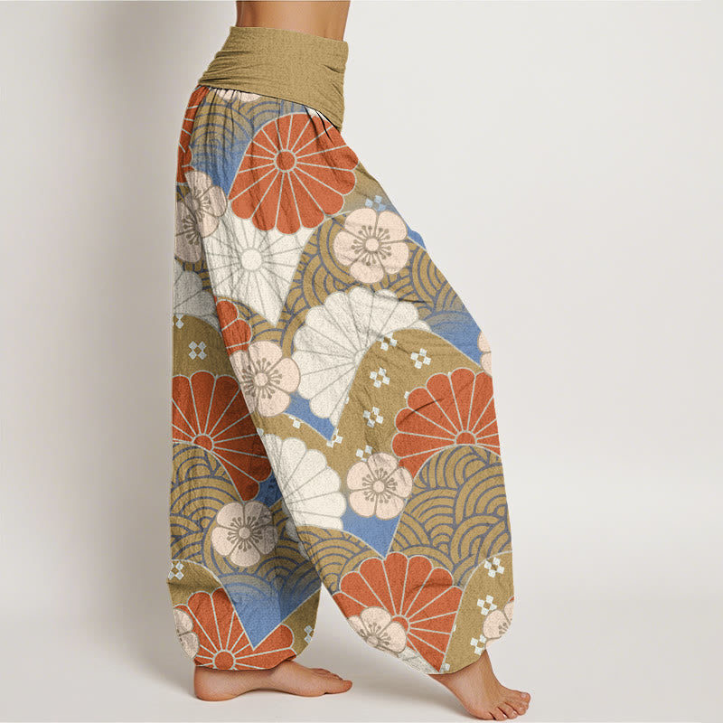 Pantalones bombachos de cintura elástica para mujer, de algodón, estilo casual, con estampado abstracto de pétalos y olas de Buddha Stones. - image 5