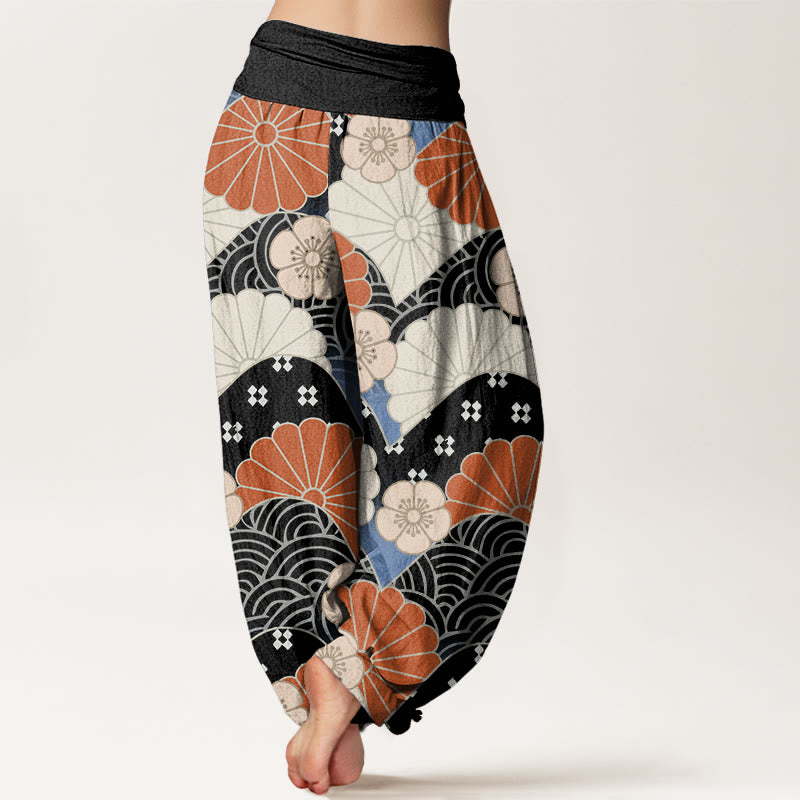 Pantalones bombachos de cintura elástica para mujer, de algodón, estilo casual, con estampado abstracto de pétalos y olas de Buddha Stones. - image 9