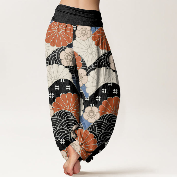 Pantalones bombachos de cintura elástica para mujer, de algodón, estilo casual, con estampado abstracto de pétalos y olas de Buddha Stones. - image 9