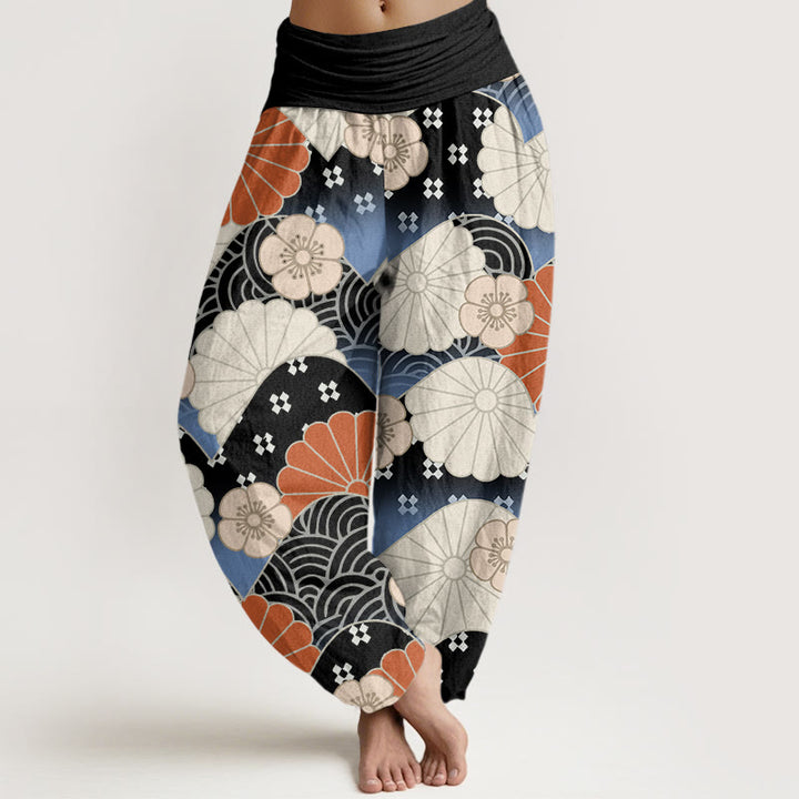 Pantalones bombachos de cintura elástica para mujer, de algodón, estilo casual, con estampado abstracto de pétalos y olas de Buddha Stones. - Negro - US22，UK/AU26，EU54 (6XL) - image 7
