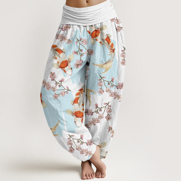 Pantalones bombachos de cintura elástica para mujer, de algodón, estilo casual, con estampado de peces koi y flores de cerezo, de Buddha Stones Cotton. - Blanco - US22，UK/AU26，EU54 (6XL) - image 0