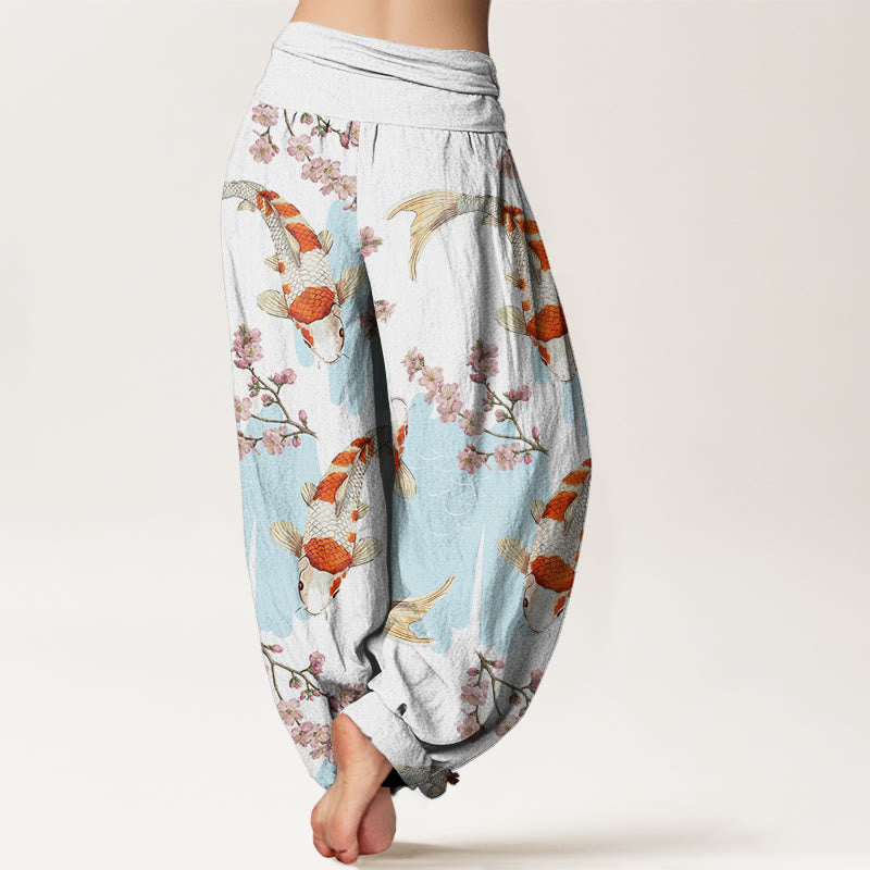 Pantalones bombachos de cintura elástica para mujer, de algodón, estilo casual, con estampado de peces koi y flores de cerezo, de Buddha Stones Cotton. - image 2