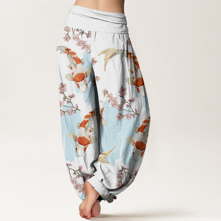 Pantalones bombachos de cintura elástica para mujer, de algodón, estilo casual, con estampado de peces koi y flores de cerezo, de Buddha Stones Cotton. - image 2
