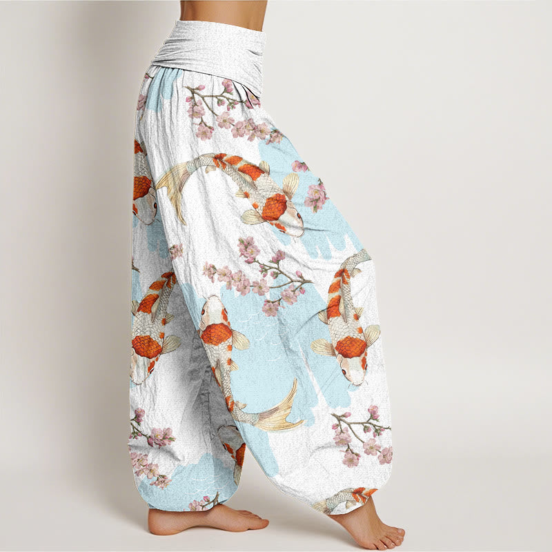 Pantalones bombachos de cintura elástica para mujer, de algodón, estilo casual, con estampado de peces koi y flores de cerezo, de Buddha Stones Cotton. - image 1