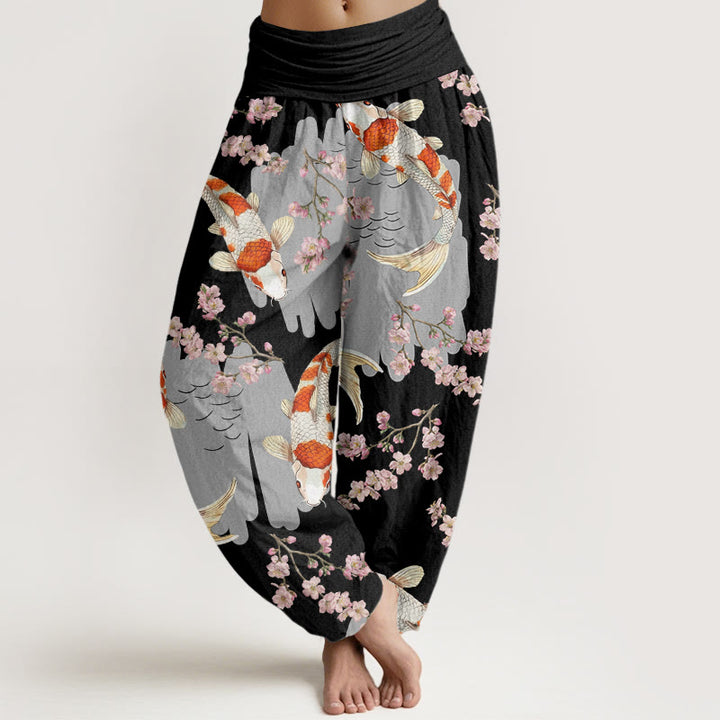 Pantalones bombachos de cintura elástica para mujer, de algodón, estilo casual, con estampado de peces koi y flores de cerezo, de Buddha Stones Cotton. - Negro - US22，UK/AU26，EU54 (6XL) - image 4
