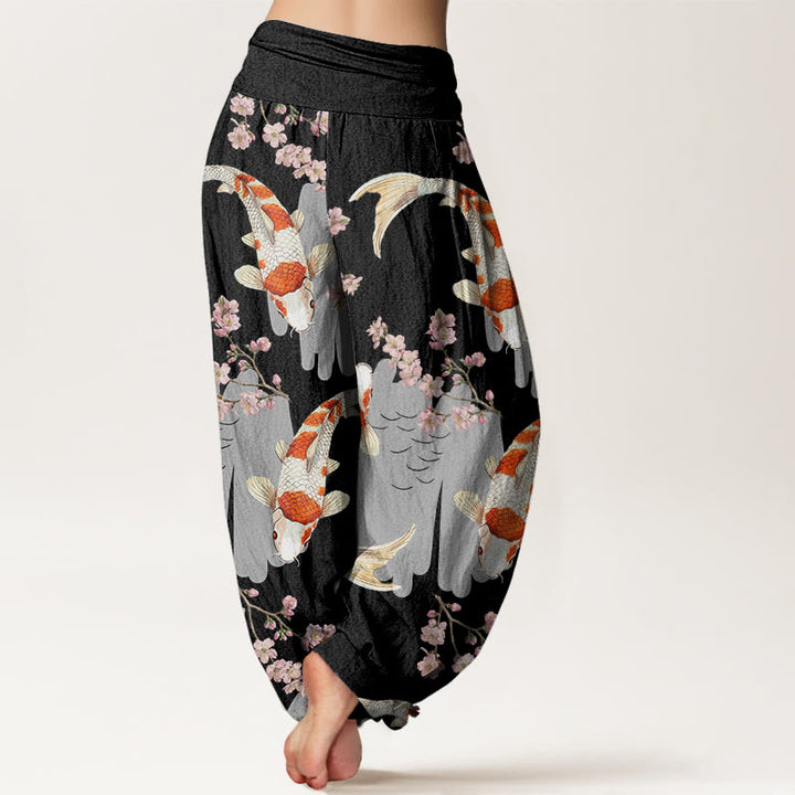 Pantalones bombachos de cintura elástica para mujer, de algodón, estilo casual, con estampado de peces koi y flores de cerezo, de Buddha Stones Cotton. - image 6