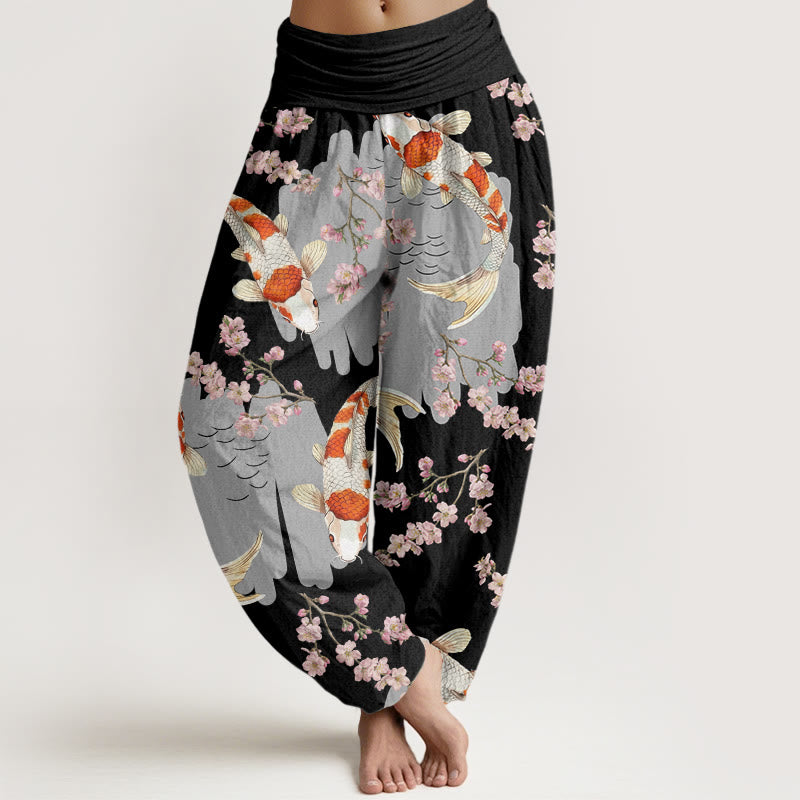 Pantalones bombachos de cintura elástica para mujer, de algodón, estilo casual, con estampado de peces koi y flores de cerezo, de Buddha Stones Cotton. - Negro - US22，UK/AU26，EU54 (6XL) - image 4