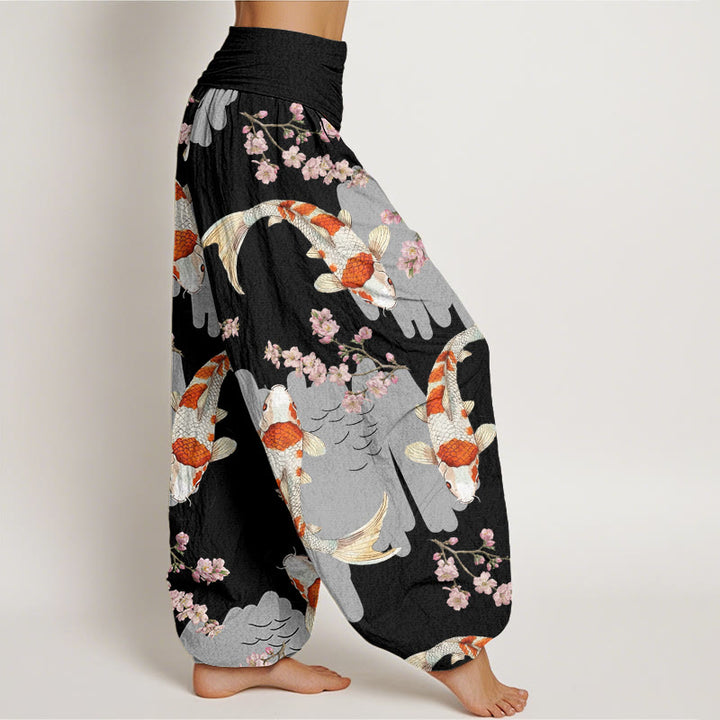 Pantalones bombachos de cintura elástica para mujer, de algodón, estilo casual, con estampado de peces koi y flores de cerezo, de Buddha Stones Cotton. - image 5