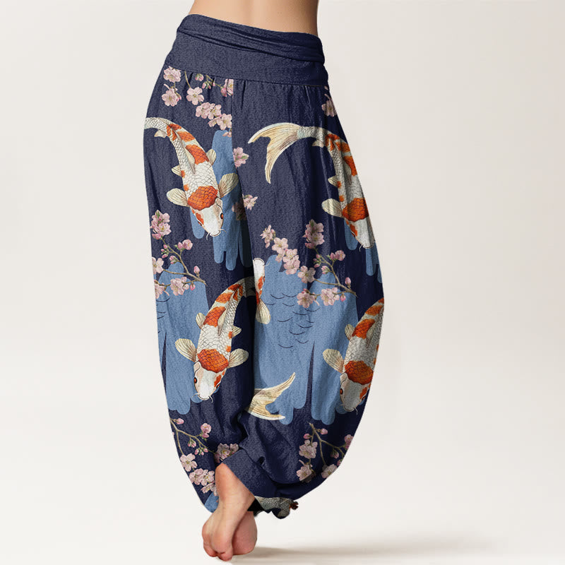 Pantalones bombachos de cintura elástica para mujer, de algodón, estilo casual, con estampado de peces koi y flores de cerezo, de Buddha Stones Cotton. - image 9