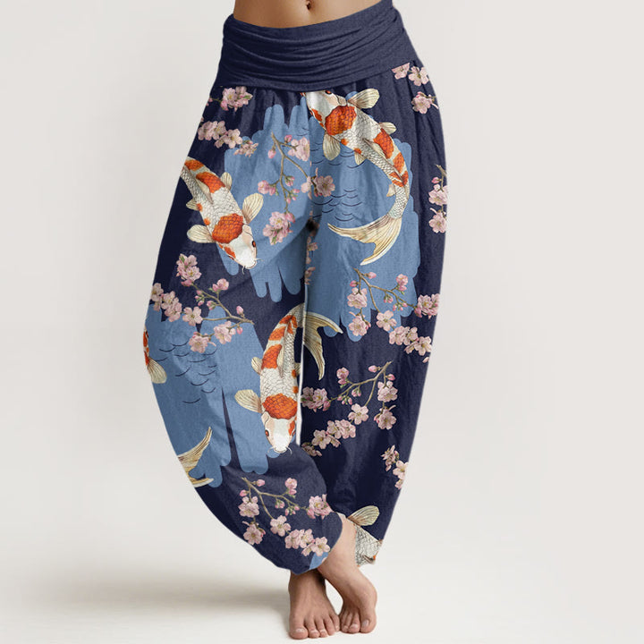 Pantalones bombachos de cintura elástica para mujer, de algodón, estilo casual, con estampado de peces koi y flores de cerezo, de Buddha Stones Cotton. - Azul medianoche - US22，UK/AU26，EU54 (6XL) - image 7