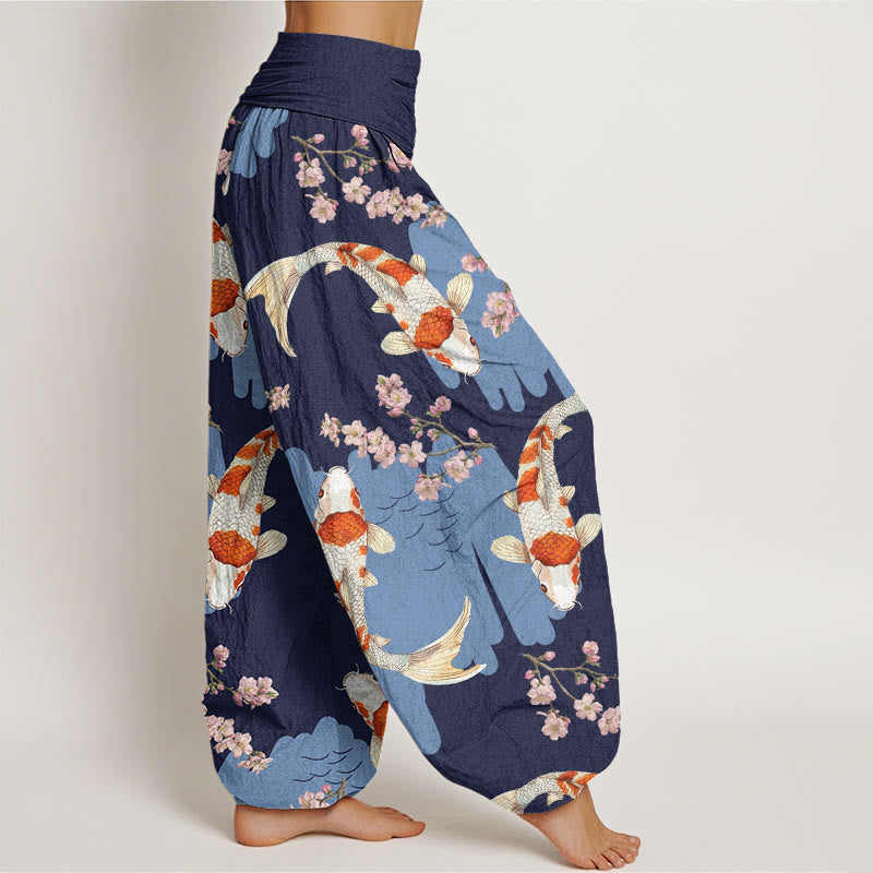 Pantalones bombachos de cintura elástica para mujer, de algodón, estilo casual, con estampado de peces koi y flores de cerezo, de Buddha Stones Cotton. - image 8