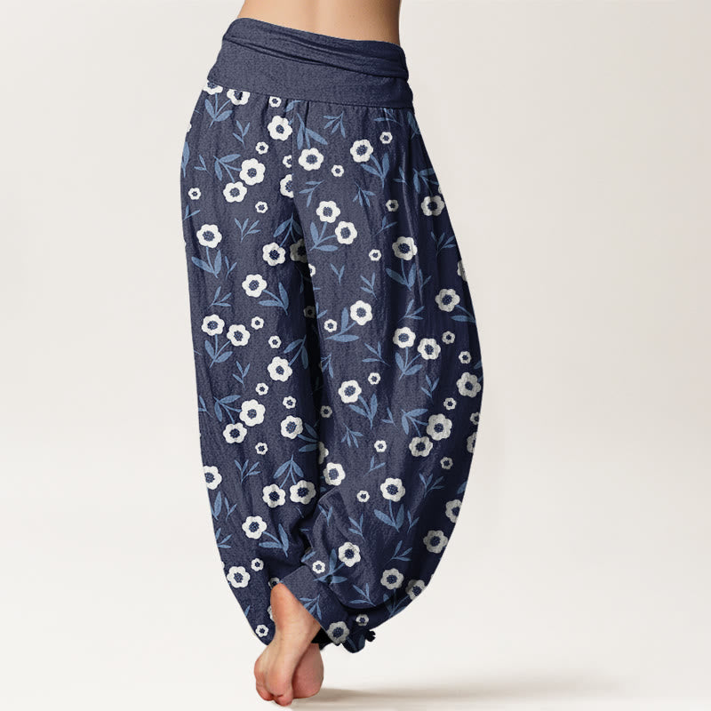 Pantalones bombachos de mujer con cintura elástica, estampado sencillo de flores y hojas, de algodón con Buddha Stones. - image 5