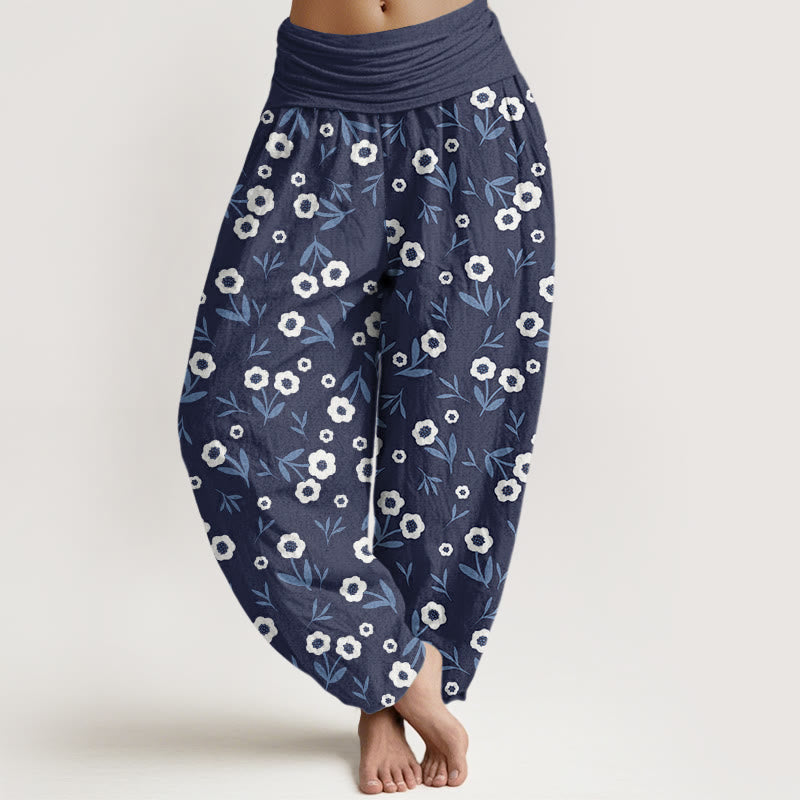Pantalones bombachos de mujer con cintura elástica, estampado sencillo de flores y hojas, de algodón con Buddha Stones. - Azul oscuro - US22，UK/AU26，EU54 (6XL) - image 4