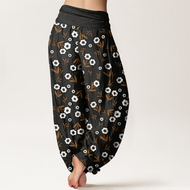 Pantalones bombachos de mujer con cintura elástica, estampado sencillo de flores y hojas, de algodón con Buddha Stones. - image 9